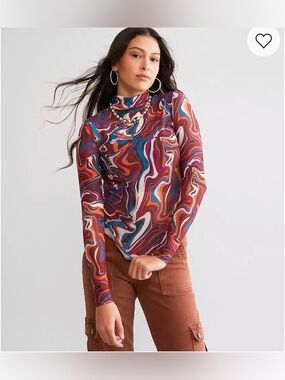 Willow & Root marble print mesh Long-Sleeve layering Top size small